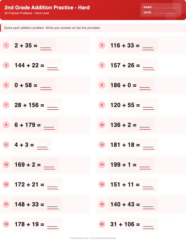 2nd Grade Addition Worksheets - Christmas Theme (Hard)