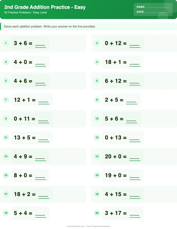 2nd Grade Addition Worksheets - Dinosaur Theme (Easy)