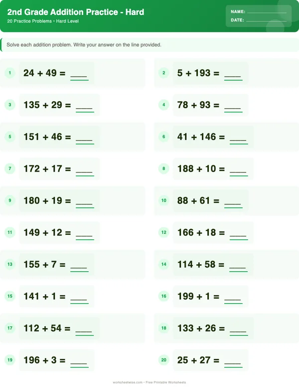 2nd Grade Addition Worksheets - Dinosaur Theme (Hard)