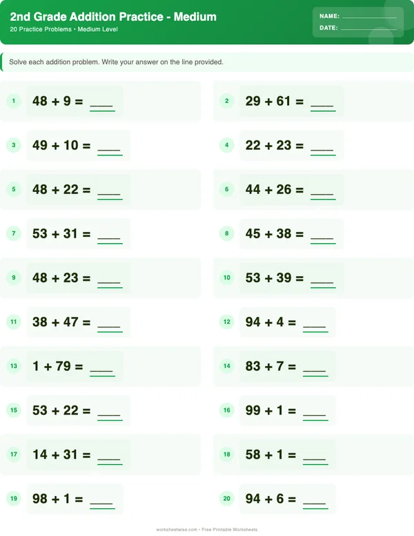 2nd Grade Addition Worksheets - Dinosaur Theme (Medium)