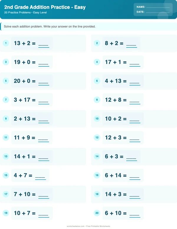 2nd Grade Addition Worksheets - Ocean Theme (Easy)