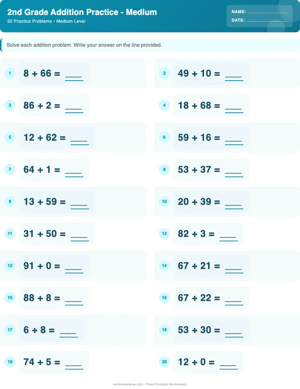 2nd Grade Addition Worksheets - Ocean Theme (Medium)