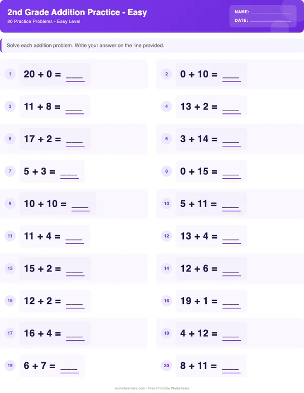 2nd Grade Addition Worksheets - Space Theme (Easy)
