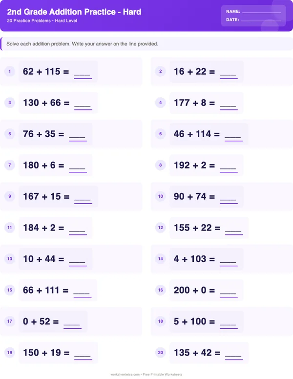 2nd Grade Addition Worksheets - Space Theme (Hard)
