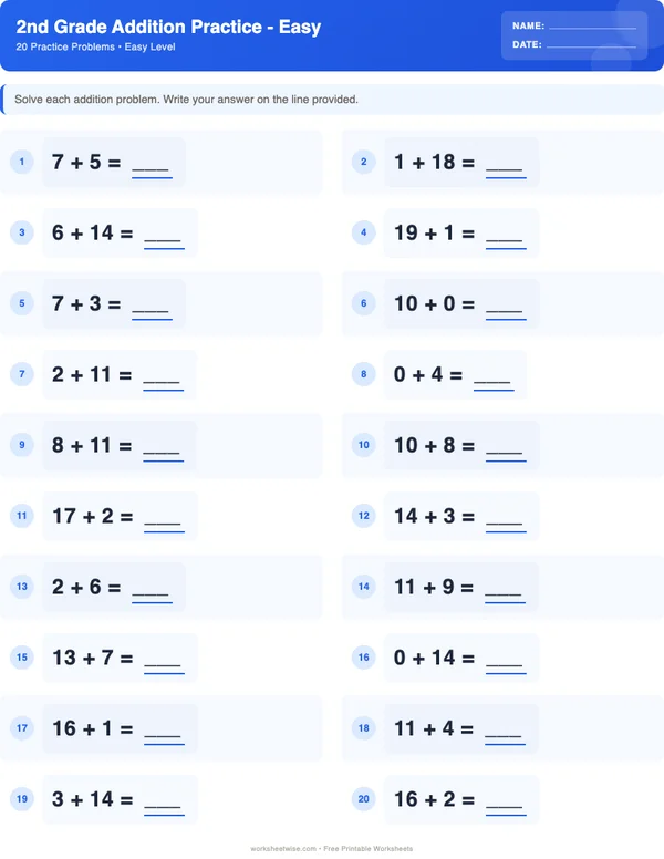 2nd Grade Addition Worksheets - Standard Theme (Easy)