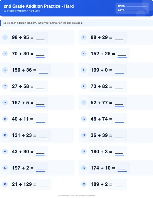 2nd Grade Addition Worksheets - Standard Theme (Hard)