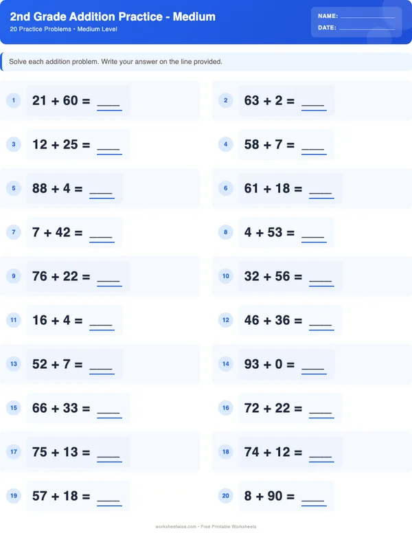 2nd Grade Addition Worksheets - Standard Theme (Medium)