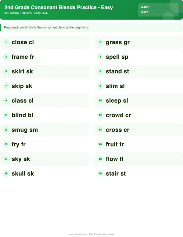 2nd Grade Consonant Blends Worksheets - Dinosaur Theme (Easy)