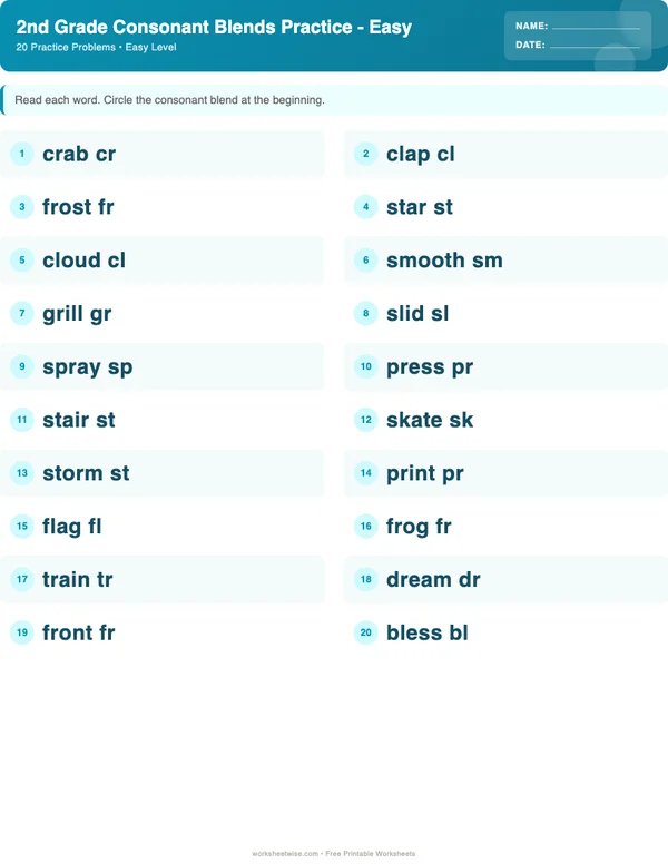 2nd Grade Consonant Blends Worksheets - Ocean Theme (Easy)