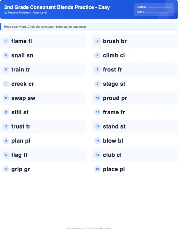 2nd Grade Consonant Blends Worksheets - Standard Theme (Easy)