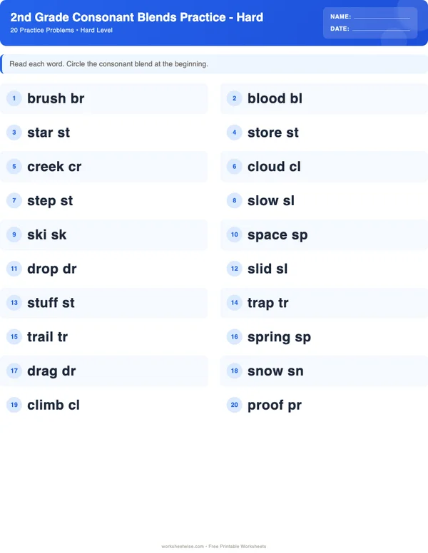 2nd Grade Consonant Blends Worksheets - Standard Theme (Hard)