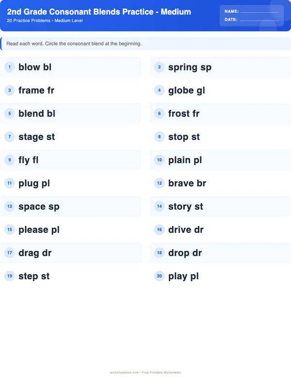 2nd Grade Consonant Blends Worksheets - Standard Theme (Medium)