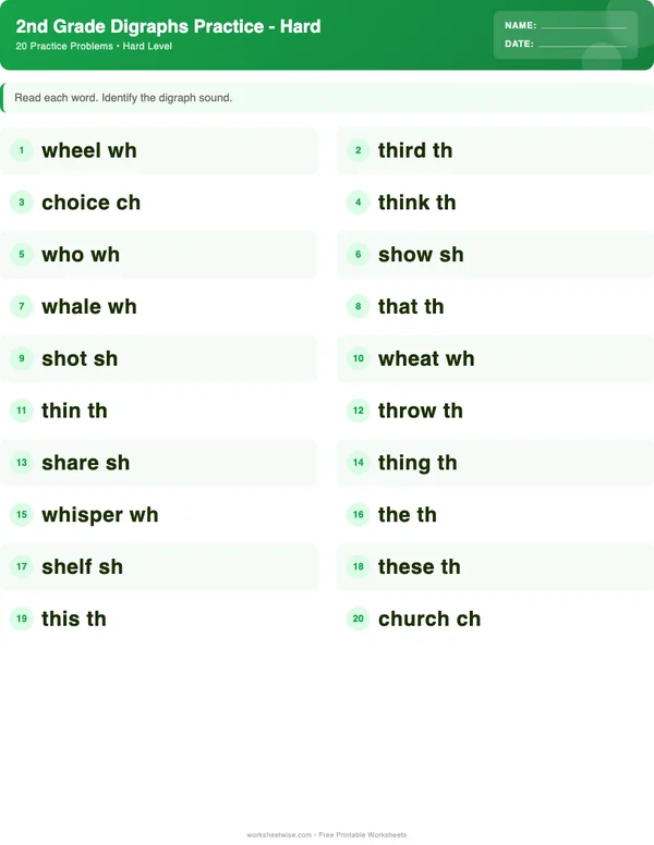 2nd Grade Digraphs Worksheets - Dinosaur Theme (Hard)