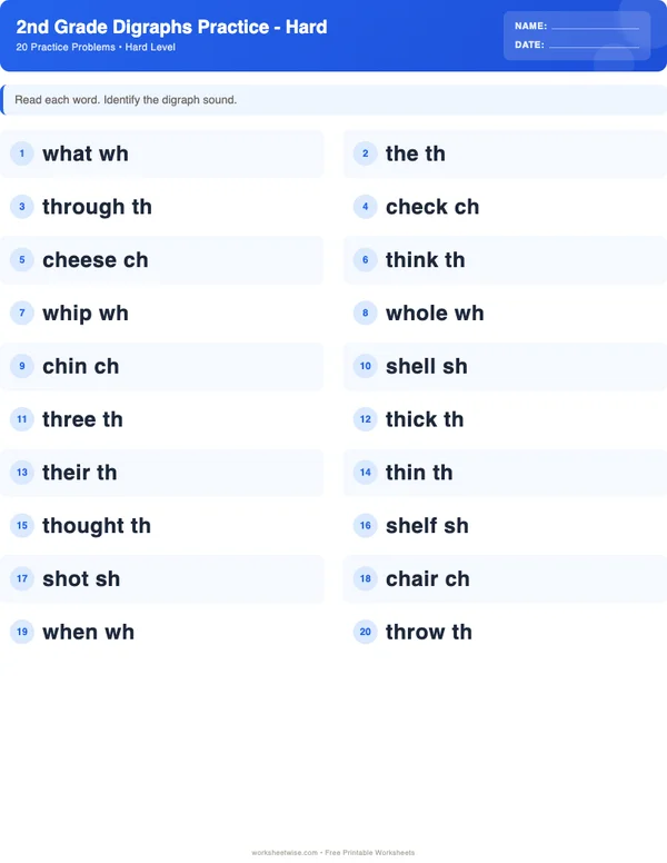 2nd Grade Digraphs Worksheets - Standard Theme (Hard)