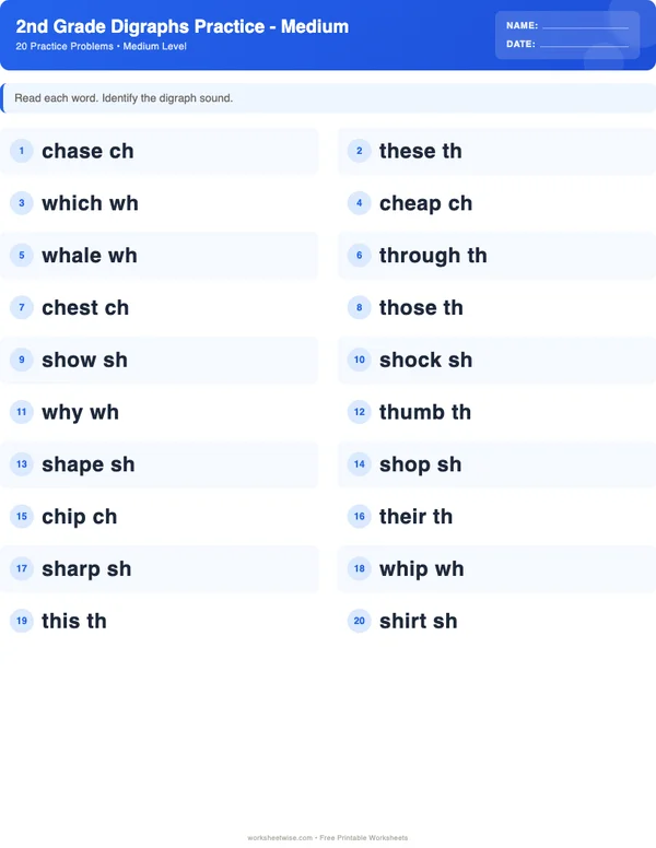 2nd Grade Digraphs Worksheets - Standard Theme (Medium)