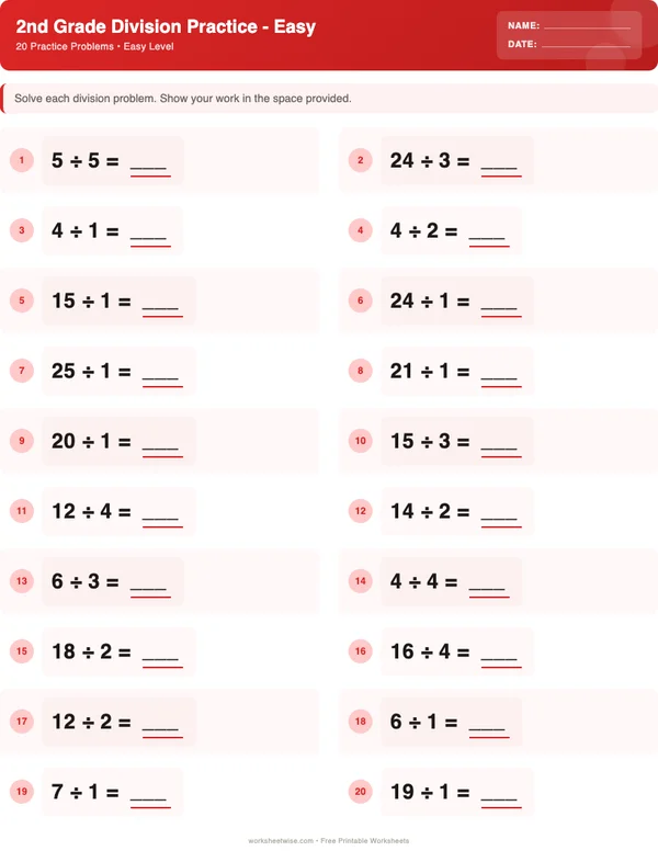2nd Grade Division Worksheets - Christmas Theme (Easy)