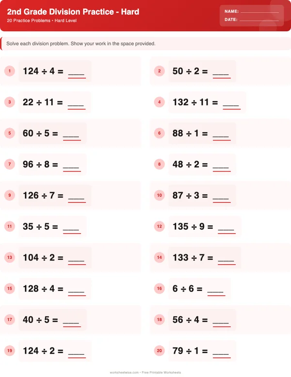 2nd Grade Division Worksheets - Christmas Theme (Hard)