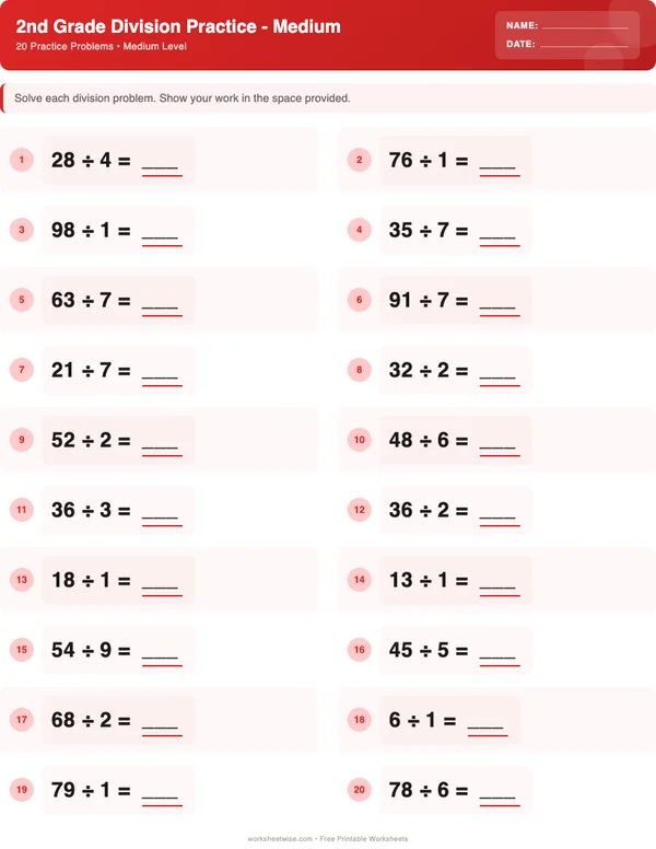2nd Grade Division Worksheets - Christmas Theme (Medium)