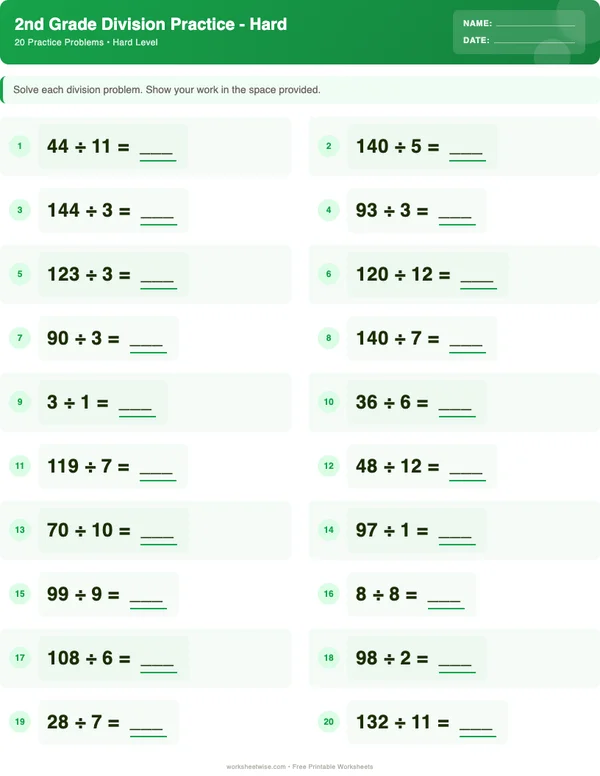 2nd Grade Division Worksheets - Dinosaur Theme (Hard)