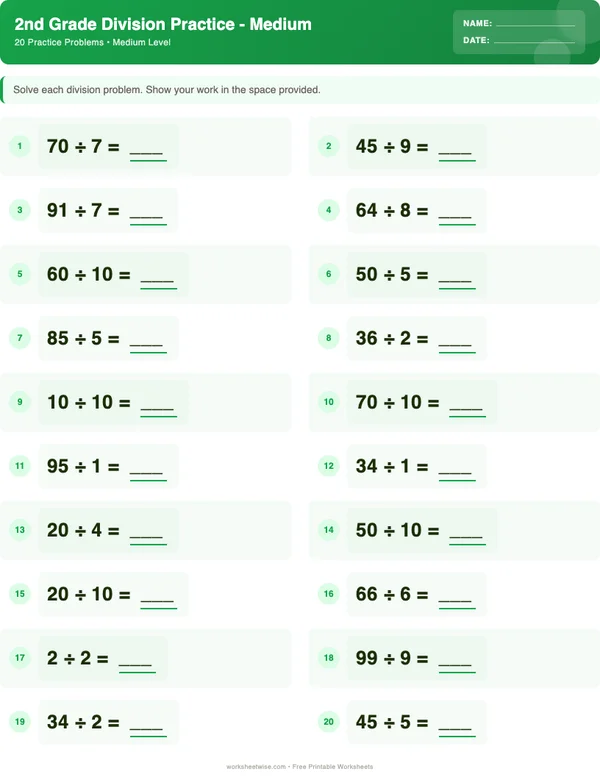 2nd Grade Division Worksheets - Dinosaur Theme (Medium)