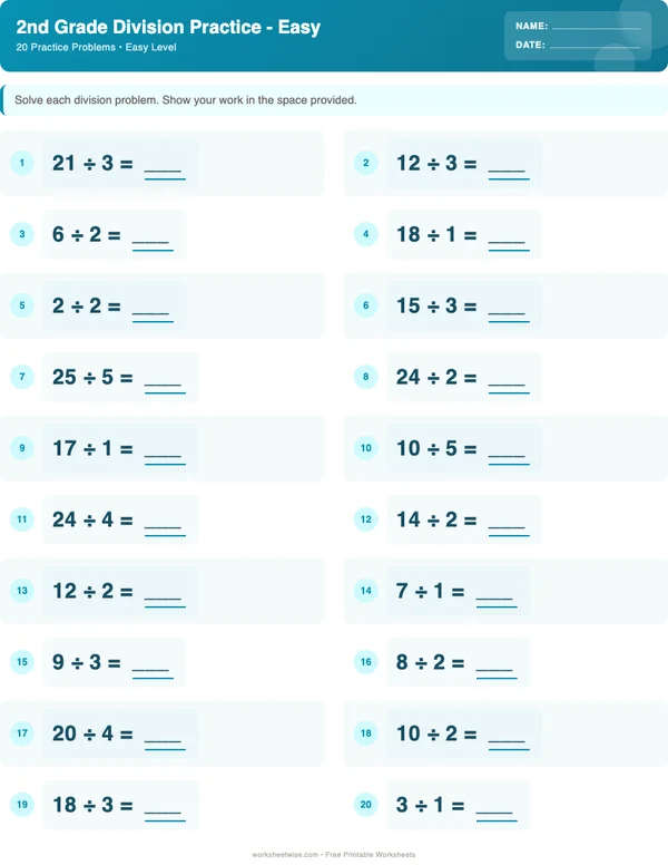2nd Grade Division Worksheets - Ocean Theme (Easy)
