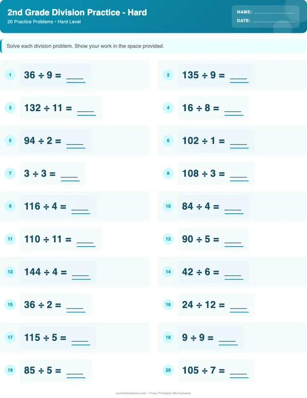 2nd Grade Division Worksheets - Ocean Theme (Hard)