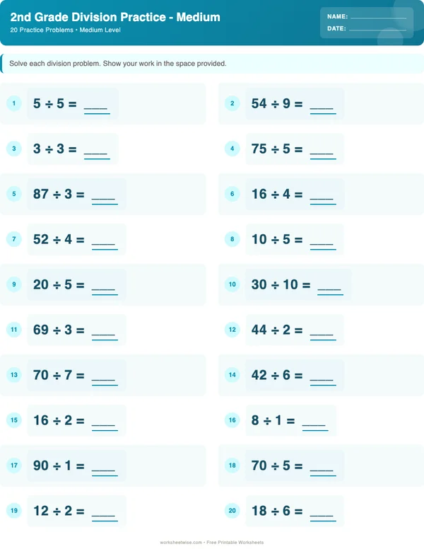 2nd Grade Division Worksheets - Ocean Theme (Medium)