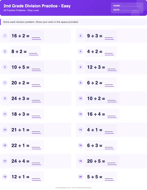 2nd Grade Division Worksheets - Space Theme (Easy)