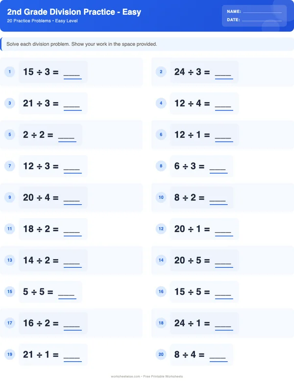 2nd Grade Division Worksheets - Standard Theme (Easy)
