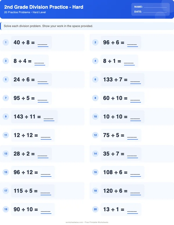 2nd Grade Division Worksheets - Standard Theme (Hard)