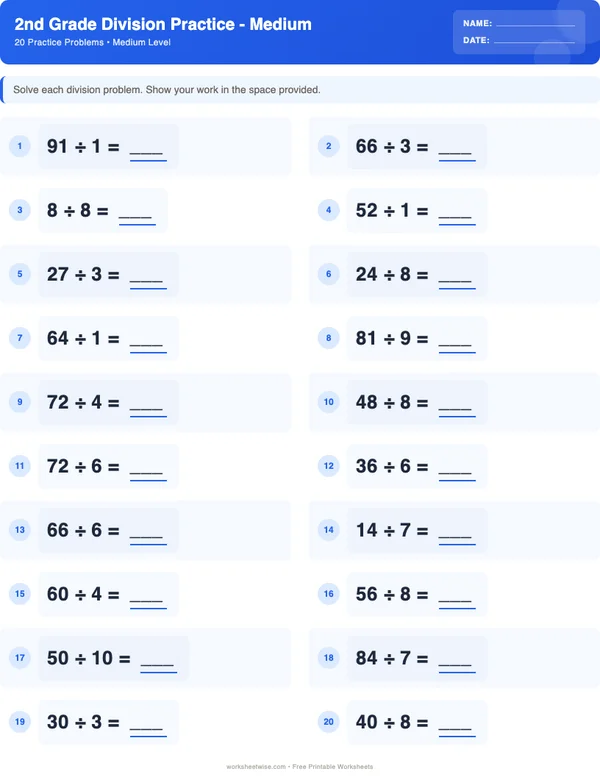 2nd Grade Division Worksheets - Standard Theme (Medium)