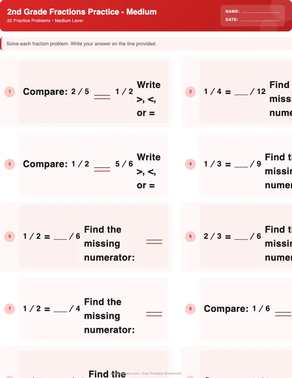 2nd Grade Fractions Worksheets - Christmas Theme (Medium)