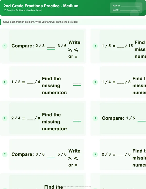 2nd Grade Fractions Worksheets - Dinosaur Theme (Medium)