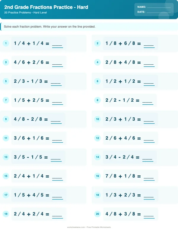2nd Grade Fractions Worksheets - Ocean Theme (Hard)