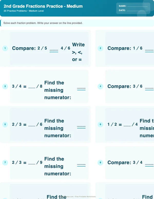 2nd Grade Fractions Worksheets - Ocean Theme (Medium)