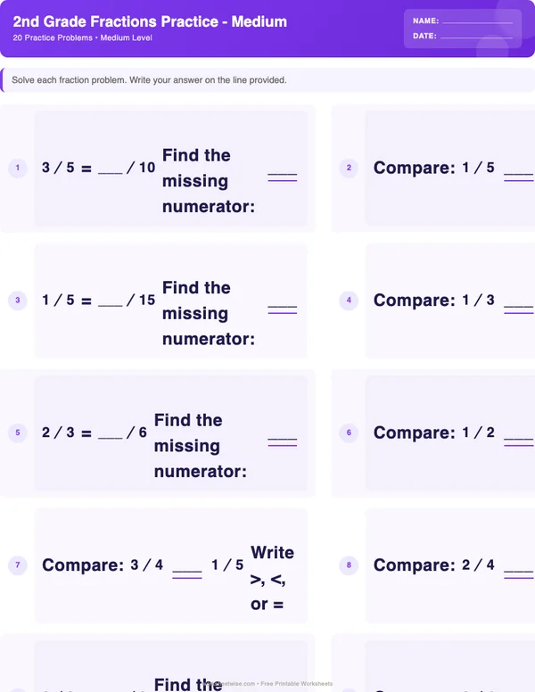 2nd Grade Fractions Worksheets - Space Theme (Medium)