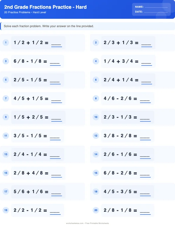 2nd Grade Fractions Worksheets - Standard Theme (Hard)
