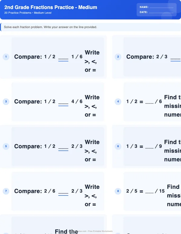 2nd Grade Fractions Worksheets - Standard Theme (Medium)