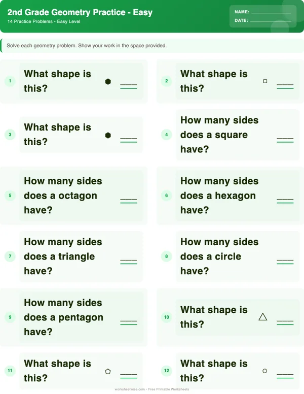 2nd Grade Geometry Worksheets - Dinosaur Theme (Easy)