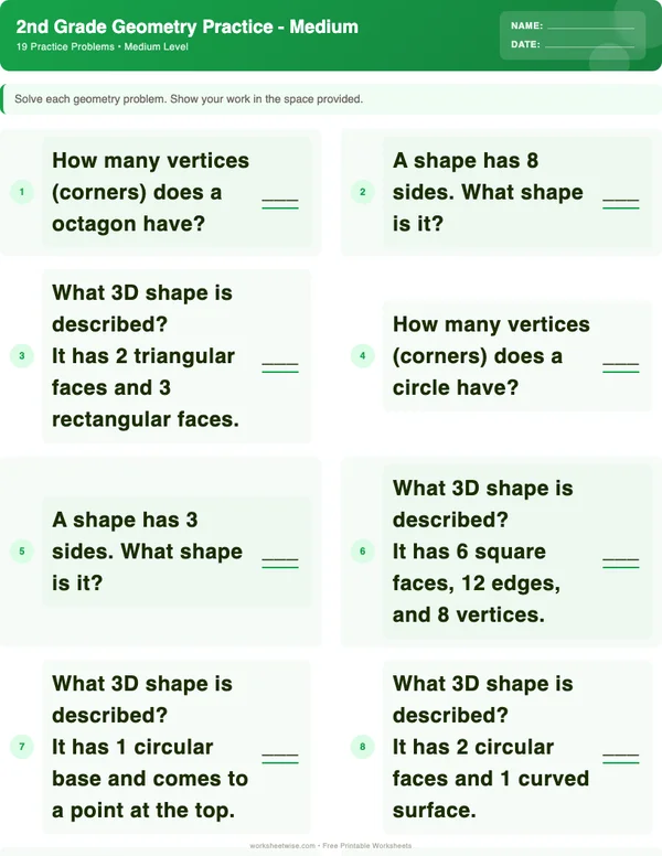 2nd Grade Geometry Worksheets - Dinosaur Theme (Medium)