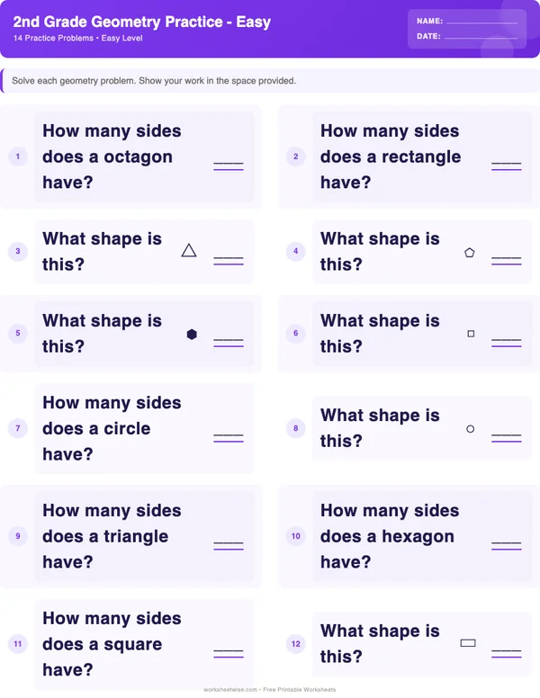 2nd Grade Geometry Worksheets - Space Theme (Easy)