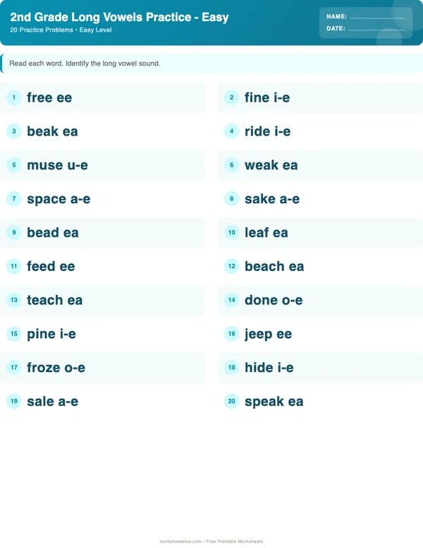 2nd Grade Long Vowels Worksheets - Ocean Theme (Easy)