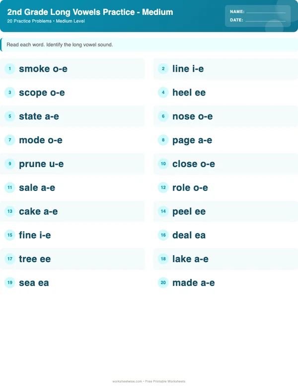 2nd Grade Long Vowels Worksheets - Ocean Theme (Medium)