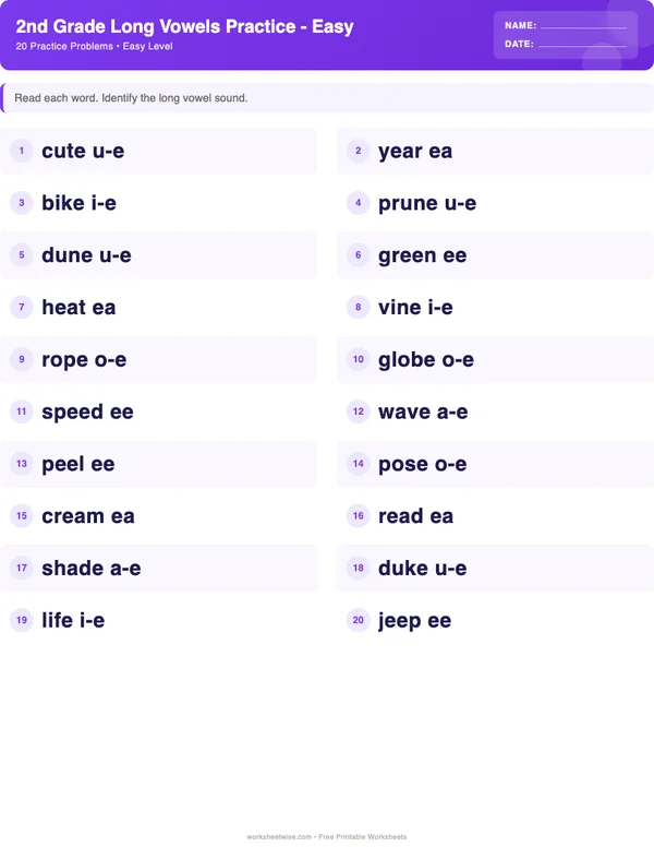 2nd Grade Long Vowels Worksheets - Space Theme (Easy)