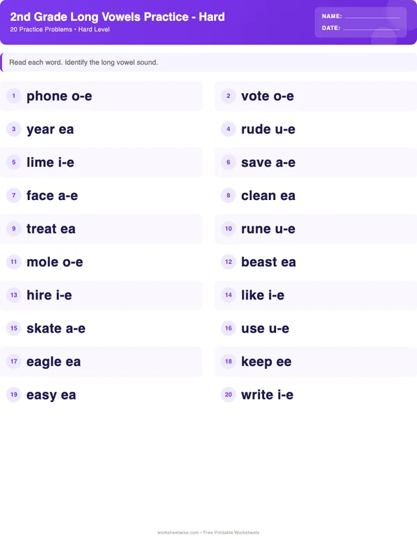 2nd Grade Long Vowels Worksheets - Space Theme (Hard)
