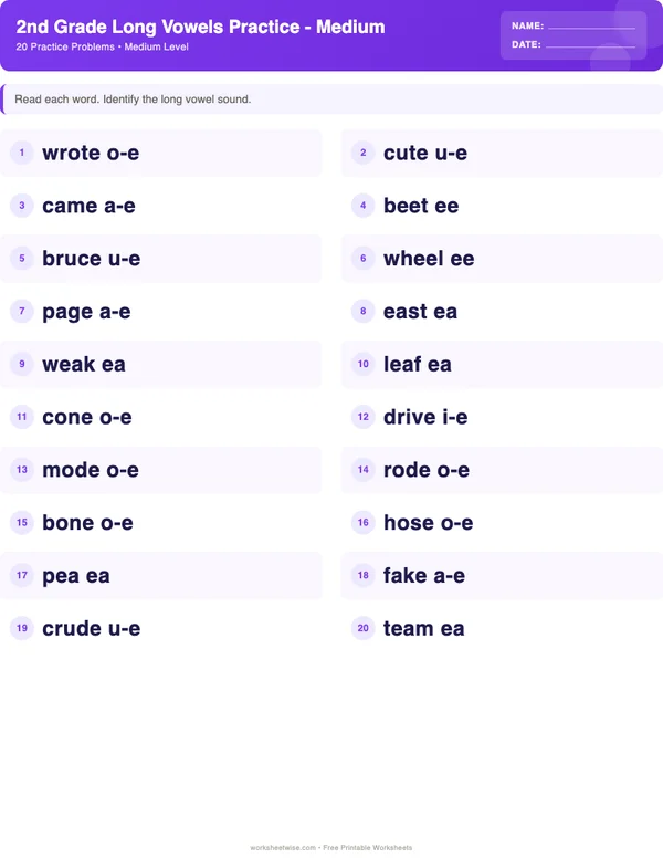 2nd Grade Long Vowels Worksheets - Space Theme (Medium)