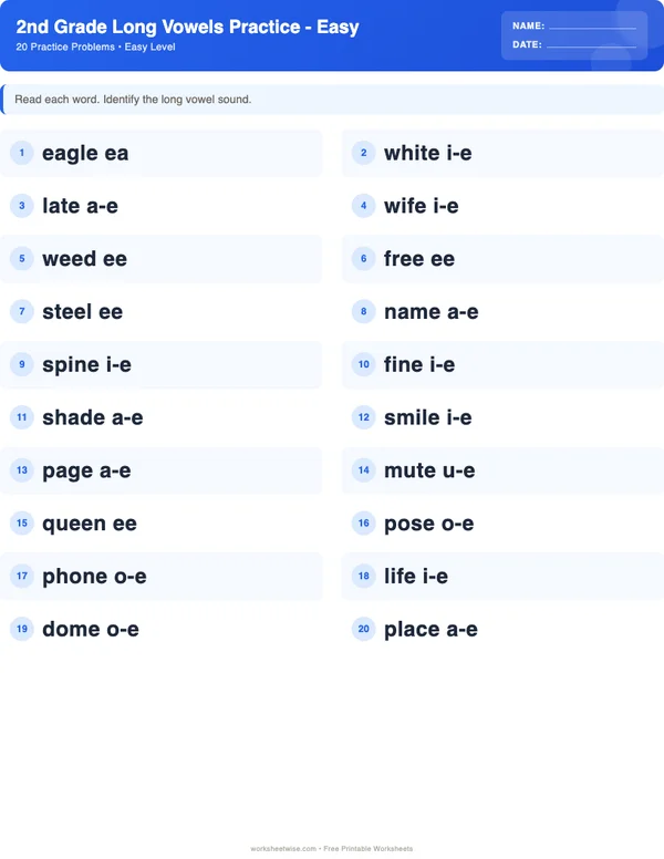 2nd Grade Long Vowels Worksheets - Standard Theme (Easy)