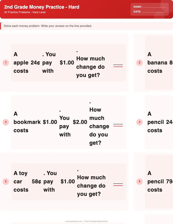 2nd Grade Money Worksheets - Christmas Theme (Hard)