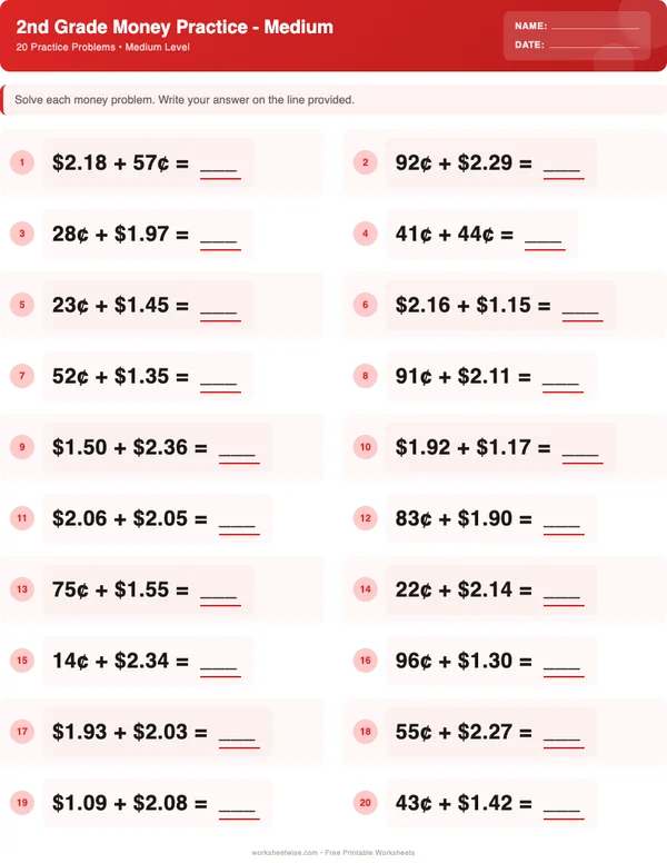 2nd Grade Money Worksheets - Christmas Theme (Medium)
