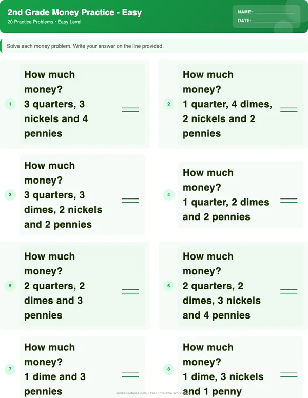2nd Grade Money Worksheets - Dinosaur Theme (Easy)